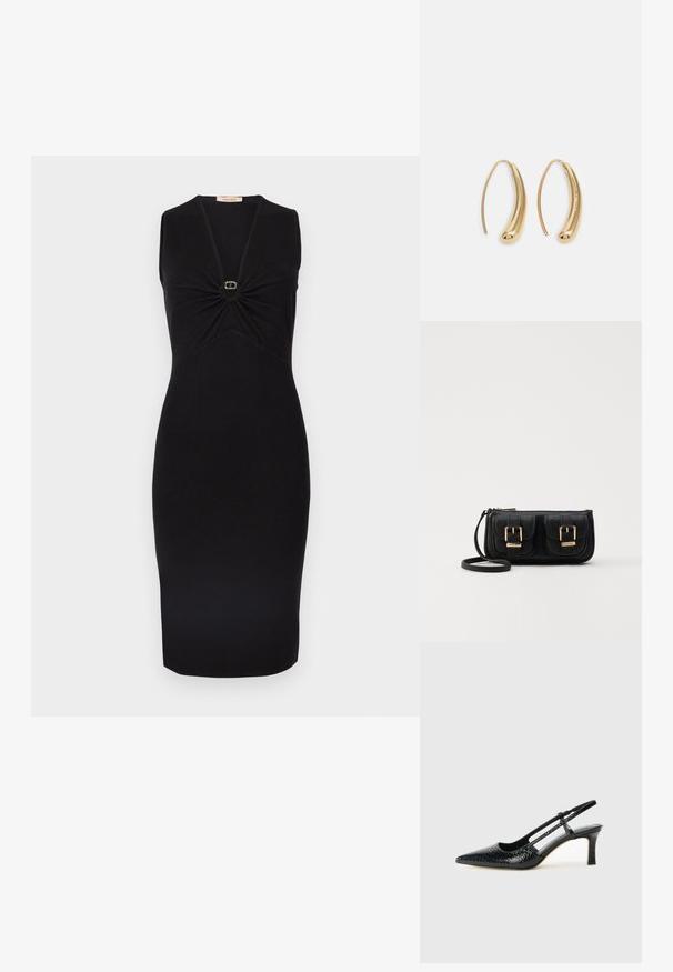 Sort ærmeløs kjole med V-hals og rynkedetalje ved brystet, med en lille rund gulddetalje i midten. Figurstram pasform.; Sorte patent slingback hæl med spids tå, prydet med tekstureret slangeskindsmønster, justerbar rem og en kort, tekstureret blokhæl.; Sort læder crossbody taske med to frontlommer, guldspænder, lynlåslukning og en slank rem. Struktureret overflade og kompakt rektangulær form.; Guldfarvede metal hoops øreringe med en bøjet, forlænget form. Har en glat, skinnende overflade og en afrundet spids for ekstra detalje.