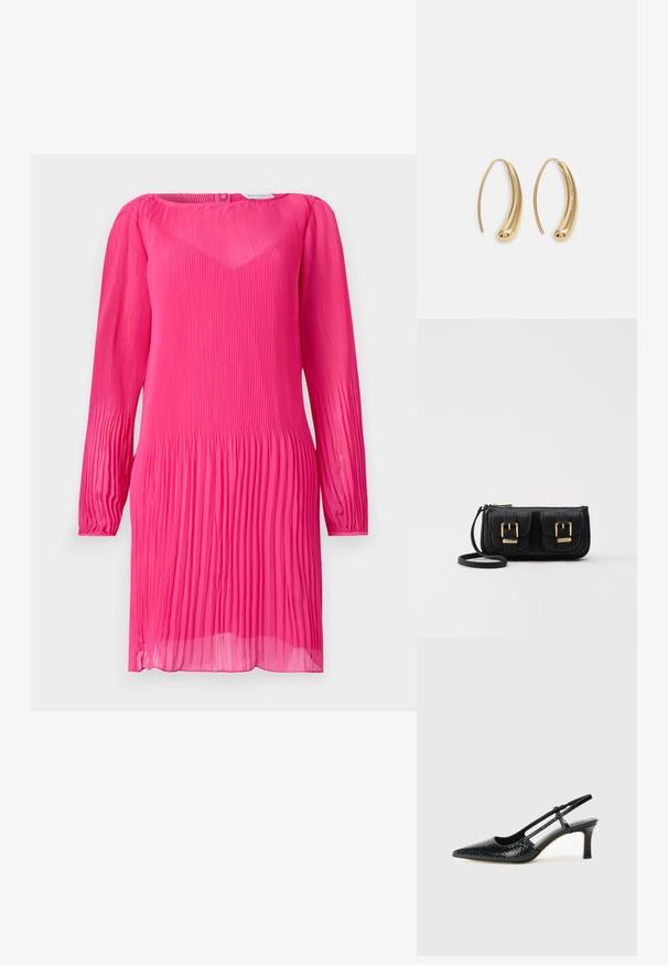 Roza nabranjena obleka z dolgimi rokavi, okroglo oblikovano ovratnikom in prosojno teksturo. Ima vertikalne nabore po celotni obleki in nekoliko ohlapno prileganje.; Črne lakaste slingback pete s koničastim nosom, ki imajo teksturiran vzorec kačje kože, nastavljiv trak in kratek teksturiran blok peto.; Črna usnjena torbica čez ramo z dvema sprednjima žepoma, zlatimi zaponkami, zadrgo in ozkim pasom. Tekstura površine je strukturirana, obliko pa ima kompaktno pravokotno.; Zlato-tonirani kovinski uhani v obliki obroča s krivuljo in podolgovato obliko. Imajo gladko, sijočo površino in zaobljen vrh za dodaten detajl.