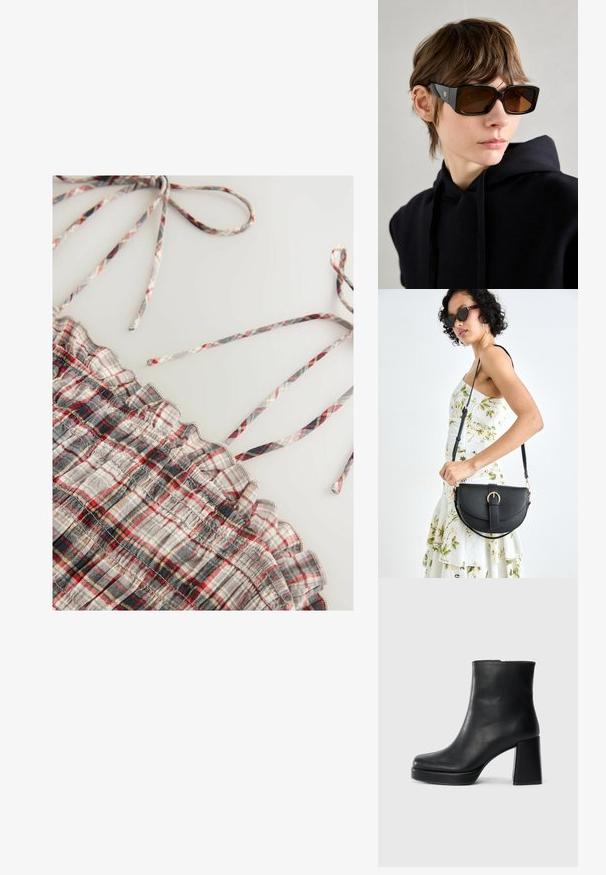 Vävd rutmönstrad topp med grå, röd och svart rutig design. Har volangkanter och tunna justerbara remmar. Mjuk textur.; Svart läderankelboot med blockklack och platåsula, sedd från sidan på en enkel vit bakgrund.; Svarta överdimensionerade solglasögon med en glänsande yta, rektangulär form, brunt tonade linser och gyllene logotypdetalj på skalmarna.; Svart läderhandväska med en böjd form, avtagbar rem och guldiga detaljer. Väskan har ett lock med en spänndetalj.