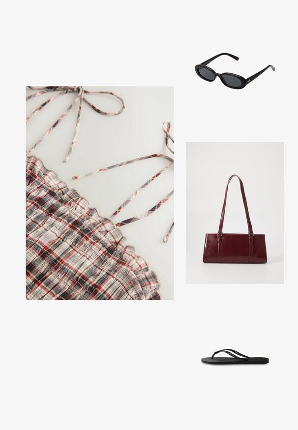 Kudottu ruudullinen toppi, jossa on harmaita, punaisia ja mustia ruutukuvioita. Sisältää röyhelöreunoja ja ohuet säädettävät olkaimet. Pehmeä materiaali.; Mustat flip-flopit, joissa on röpelöinen kumipohja, kaksi hoikkaa remmiä ja hillitty, kohokuvioitu logotyyli remmissä.; Mustat ylisuuruiset aurinkolasit, jotka ovat soikeat linssit, sileä muovikehys ja kultaiset korostukset temppeleissä. Tummat linssit tarjoavat suojaa auringolta.; Burgundin värinen käsilaukku, joka on valmistettu kiiltävästä materiaalista, suorakaiteen muotoinen, kahdella olkahihnalla ja hienovaraisilla kaarevilla aksentteilla edessä.