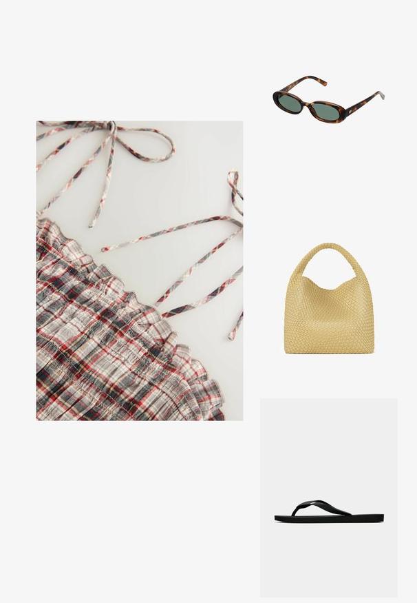 Tkanina z kari vzorom z mehkega materiala v sivih, rdečih in črnih odtenkih. Ima naborke ob robovih in tanke nastavljive naramnice. Mehak na otip.; Črne gumijaste japonke s teksturirano thong naramnico in preprostim ravnim podplatom, prikazane s strani na enobarvni svetli podlagi.; Žirafne sončna očala z ovalnimi okvirji in zelenimi lečami. Imajo tanke ročice z metalnim poudarkom blizu tečajev.; Tkana rumena torba z ukrivljenim ročajem in neurejeno obliko. Teksture površine odlikuje križast vzorec po celotni torbi.