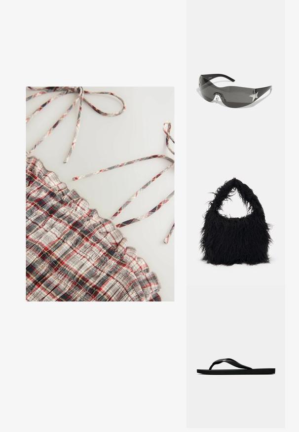 Vævet ternet top med grå, rød og sort plaid mønstre. Har flæsekant og tynde justerbare stropper. Blød tekstur.; Sorte gummiflip-flopsandaler med en tekstureret rem og simpel flad sål, vist fra siden på en lys ensfarvet baggrund.; Sorte solbriller med wrap-around design, mørktonede linser, skinnende stjerneformede detaljer og justerbare næsepuder.; Even&Odd Shopping bags - black