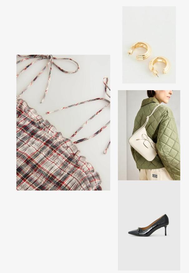 Haut tissé à carreaux avec des motifs en plaid gris, rouge et noir. Il présente des bords froncés et de fines bretelles ajustables. Texture douce.; Chaussure à talons hauts en cuir verni noir avec un bout pointu, détail de sangle décorative à l'avant et un fin talon aiguille.; Sac en cuir beige à bandoulière avec un détail en nœud, quincaillerie dorée et une seule sangle réglable, porté sur une veste matelassée verte.; Boucles d'oreilles créoles dorées avec une finition polie, dotées d'un design strié et d'une fermeture à tige. Forme ronde et épaisse.