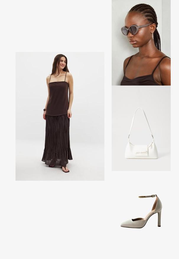 Pitkä ruskea mekko, jossa on spagettiolkaimet, sovitettu bodice ja pleatattu hame. Valmistettu sileästä, kevyestä kankaasta.; Vaaleanharmaat korot, joissa on terävä kärki, avokämmeninen muotoilu, nilkkaremmi ja kultaketjuyksityiskohta. Sileä nahkatunnelma.; Harmaa ylisuuri aurinkolasit, joilla on pyöreä muoto ja tummat linssit. Tyylikäs muovikehys, jossa on sileä pinta. Mallilla on letitetty hiukset.; Valkoinen synteettinen käsilaukku, jossa on kolmikulmainen muoto, tasainen etu läppä ja nauhadetail, säädettävä olkahihna, sileä rakenne ja minimalinen muotoilu.