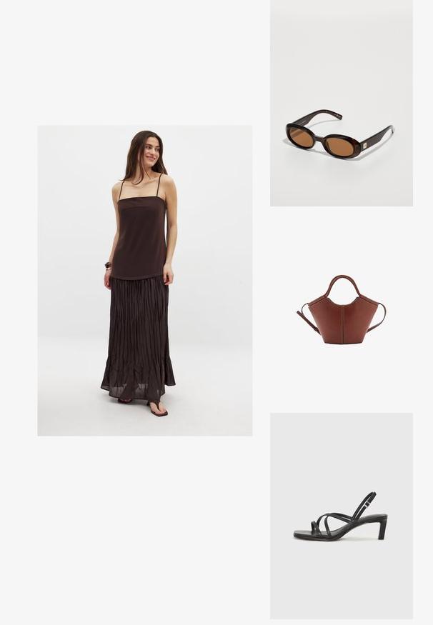 Lang bruine jurk met spaghettibandjes, met een getailleerde bovenkant en een geplooide rok. Gemaakt van een gladde, lichte stof.; Zwarte sandaal met bandjes, vierkante teen en een lage blokhak. Voorzien van meerdere dunne bandjes en een verstelbare enkelband. Gemaakt van zacht leer.; Bruine schildpadzonnebril met ovale lenzen, met een dunne montuur en een kleine metalen accent aan de zijkant. Geverfd en gepolijst afwerking.; Bruine leren handtas met een conische vorm, stevige handvatten en contrasterende witte stiksels. Heeft een afneembare schouderband voor veelzijdigheid.