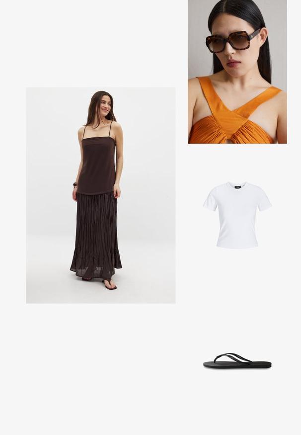 Ilga ruda suknelė su spageti petnešomis, turinti prigludusią liemenę ir klostuotą sijoną. Pagaminta iš lygaus, lengvo audinio.; Balta trumpa rankovėmis marškinėliai su apvaliu iškirpimu, pagaminti iš medvilnės, su prigludusia siluetu ir juoda prekės ženklo etikete apykaklėje.; Juodos šlepetės su tekstūruotu guminio pado, dviem siauromis dirželių ir subtiliu, įspaustu logotipo detalė ant dirželio.; Rudos tortožuotas dideli akiniai nuo saulės su plačiu stačiakampiu rėmu ir gradientiniais lęšiais. Aukso logotipo detalė šone.