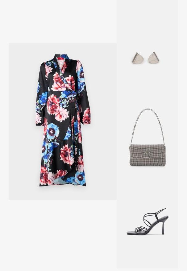 Ziedu apģērbs melnā audumā, kurā redzami lieli sarkani, zili un rozā ziedi. Garas piedurknes, V veida kakla izgriezums un saišu josta ar plūstošu siluetu.; Melnas augstpapēžu sandales ar plāniem siksniņām un mezgla dizainu, gluda kvadrātveida purngalu un elegantu stiletto papēdi.; Gaiši pelēka metāla rokassoma ar ķēdes siksnu, rotāta ar mazām apaļām metāla kniedēm un trīsstūra zīmola logo.; Sudraba metāla auskari ar gludu, asarveida formu un pulētu apdari. Smalkas gravējumi pievieno detalizāciju. Minimālisma dizains.