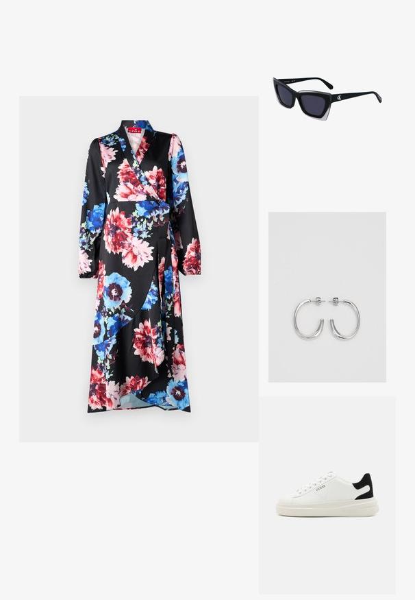 Lillestikand ja mustast kangast kleit, millel on suured punased, sinised ja roosad lillemustrid. Pikkade varrukatega, V-kaelusega ja sidumisvöös, luues voolava silueti.; Valged nahast tennisetossud paksu valge tallaga, musta sametist kontsakeeuga ja külje peal riigilogo reljeefne kujundus. Lukkeskeem kuue silmaauguga.; Mustad suured mustad prillid geomeetrilise kujuga, tumedate läätsedega ja kontrastse halli detailiga raamidel. Logo käe peal.; Hõbedased rõngaskõrvarõngad, millel on sile ja läikiv pind. Ümar kuju, kerge disain, millel on post-tagumise kinnituse süsteem.