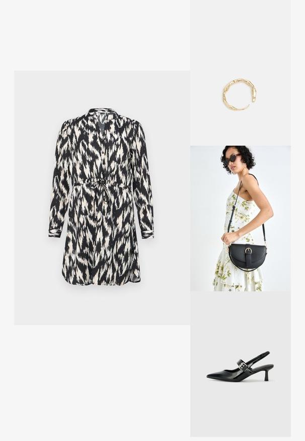 Juoda ir balta spausdinta suknelė ilgomis rankovėmis, su mygtukų užsegimu ir juosmeniu, kuris surišamas. Pasižymi abstrakčiu ikat raštu ir švelnia medžiaga.; Juodai lakuoti slingback aukštakulniai su smailiu kojų pirštu ir mažais blokiniais kulniukais, su sidabro sagtimi ant dirželio.; Juodas odinis krepšys su išlenkta forma, nuimamu dirželiu ir auksiniais detalėmis. Krepšys turi kilpą su sagtimi.; Auksinės spalvos žiedas, turintis organišką, sukimosi dizainą su lygiu paviršiumi ir siaurėjančiais galais, sukuriantis modernią skulptūrinę išvaizdą.