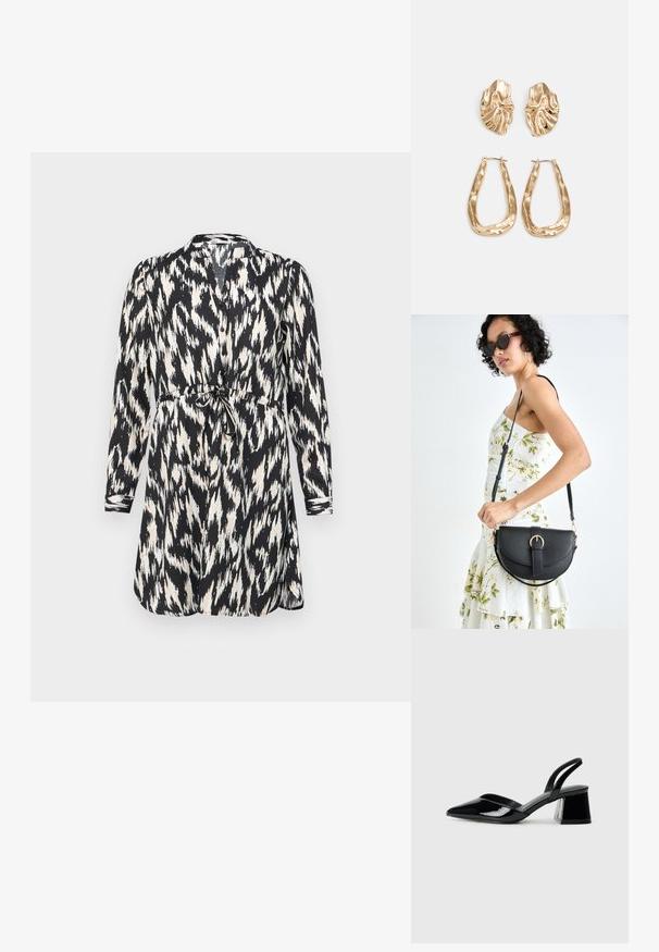 Melnbalts drukāts kleita ar garām piedurknēm, pogu aizdari un jostu viduklī. Iezīmē abstraktu ikat rakstu un mīkstu audumu.; Melna lakota āda ar atvērto papēdi, ar smailu purngalu un ģeometrisku blokpapēdi. Iezīmējas elegants, minimāls dizains un gluda tekstūra.; Melnas ādas rokassoma ar izliekta formu, noņemamu siksnu un zelta aksesuāriem. Somai ir vāciņš ar sprādzes detaļu.; Zelta krāsas auskari ar teksturētām, viļņotām formām. Iekļauts skulpturāls piespraužams modelis un atvērta gredzenveida konstrukcija ar izsistām virsmām.