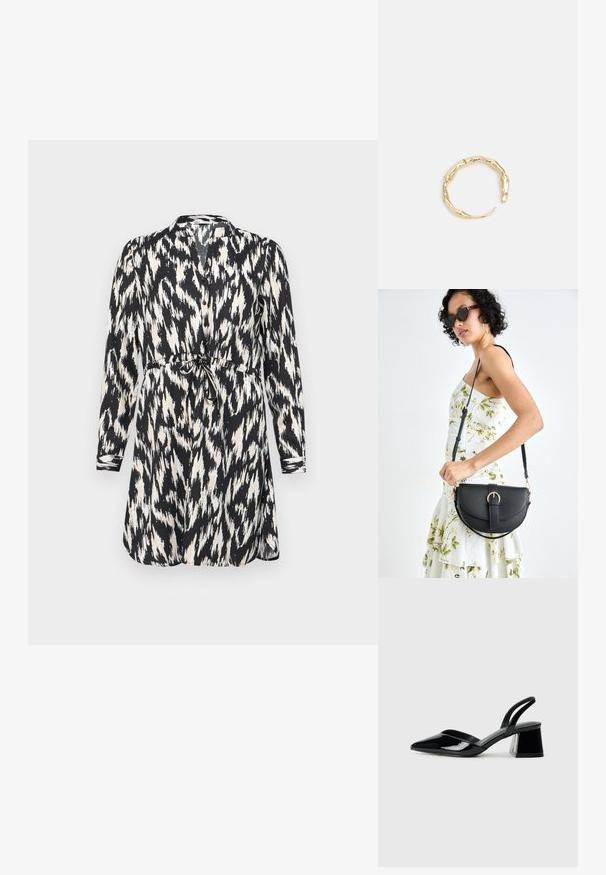 Schwarz-weiß bedrucktes Kleid mit langen Ärmeln, Knopfverschluss und einem Taillengürtel. Verfügt über ein abstraktes Ikat-Muster und einen sanften Stoff.; Schwarze Lackleder-Slingback-High Heels mit spitzem Schuh und einem geometrischen Blockabsatz. Verfügt über ein schlankes, minimalistisches Design und eine glatte Textur.; Schwarze Lederhandtasche mit geschwungener Form, abnehmbarem Tragegurt und goldenen Beschlägen. Die Tasche verfügt über einen Deckel mit einer Schnallen-Details.; Goldfarbener Ring mit einem organischen, gedrehten Design, glatter Oberfläche und sich verjüngenden Enden, was ein modernes, skulpturales Erscheinungsbild erzeugt.