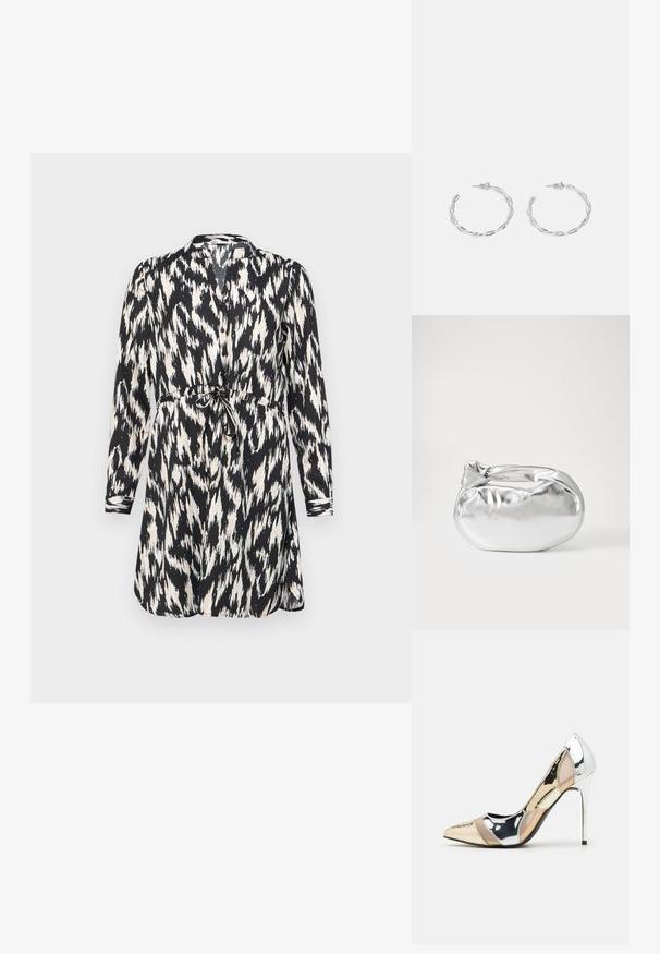 Črno-bela oblačila tiskana obleka z dolgimi rokavi, gumbnim zapiranjem in zavezanjem v pasu. Ponuja abstrakten ikat vzorec in mehak material.; Čevlji z visoko peto in konico, v barvni kombinaciji srebrne, zlate in nude. Sijajna obdelava z izrezljanim dizajnom, z igličasto peto.; Srebrna kovinska torbica z mehko, zaobljeno obliko in zavezano zgornjo zaporo. Narejena iz gladkega umetnega usnja.; Srebrni uhani v obliki obročka s spiralnim dizajnom, ki imajo sijajno površino in zapiralo na zadnji strani. Mere znašajo približno 3 cm v premeru.