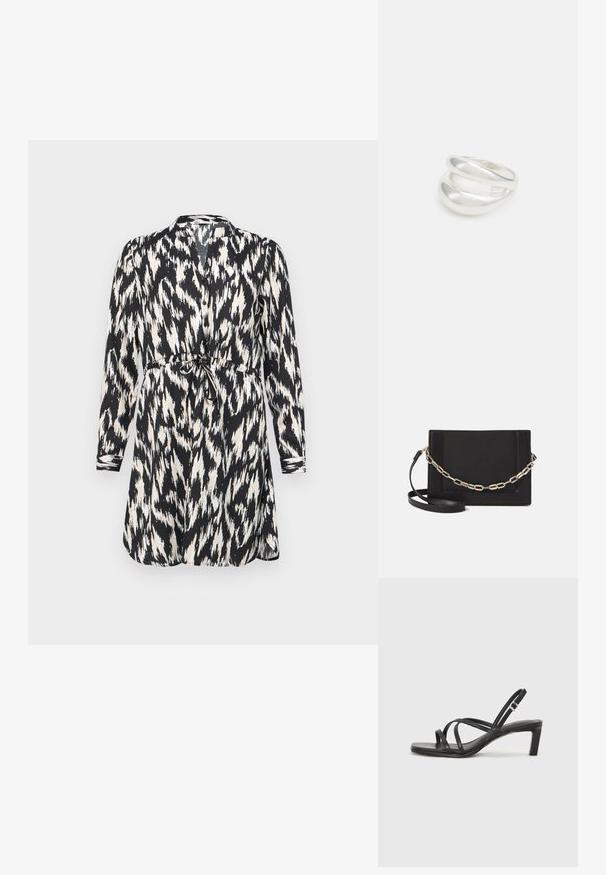 Sort og hvid trykt kjole med lange ærmer, knaplukning og bånd i taljen. Har et abstrakt ikatmønster og blødt stof.; Sort remsandale med firkantet tå og en lav blokeret hæl. Har flere tynde stropper og en justerbar ankelrem. Fremstillet af glat læder.; Sort læder crossbody taske med en glat tekstur, rektangulær form og en metallisk kæde detalje foran. Justerbar skulderrem inkluderet.; Sølvring med dobbeltbånd og en glat, poleret overflade. Den har et flydende, buet design med overlappende sektioner for et moderne udtryk.