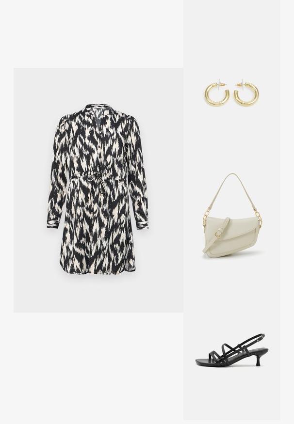 Schwarz-weiß bedrucktes Kleid mit langen Ärmeln, Knopfverschluss und einem Taillengürtel. Verfügt über ein abstraktes Ikat-Muster und einen sanften Stoff.; Schwarze High Heels Sandalen mit mehreren überkreuzten Riemen. Glattes Material, spitze Zehenpartie und schmaler Absatz. Verstellbarer Knöchelriemen mit Schnalle.; Kleine cremefarbene Handtasche mit strukturiertem Finish, einem langen verstellbaren Tragegurt, einem Kettenakzent und einem Klappenverschluss. Goldene Hardware-Details.; Goldene Creolen mit einer glatten, glänzenden Oberfläche. Zirkuläres Design mit einem kleinen Stecker und einer klaren Rückseite für einen sicheren Sitz.