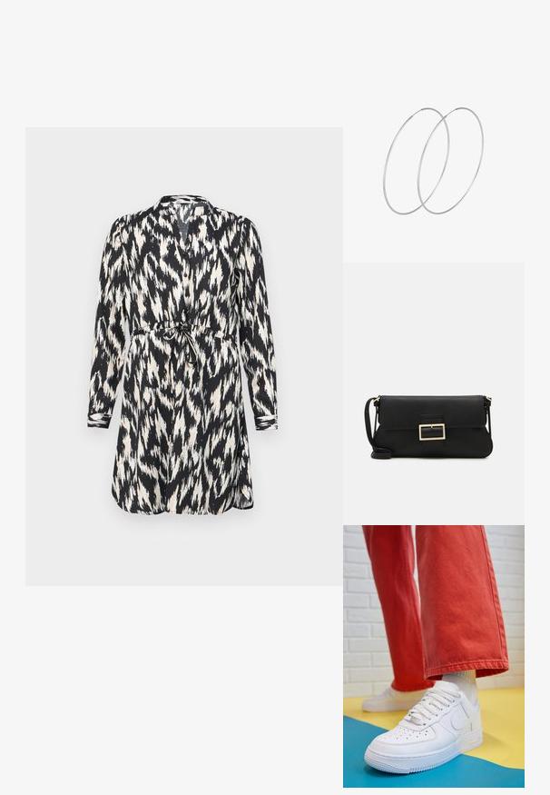 Zwart-wit geprinte jurk met lange mouwen, knoopsluiting en een strik taille. Kenmerkt zich door een abstract ikatpatroon en zachte stof.; Witte leren sneaker met geperforeerde teenbox, gestructureerde zool en witte veters, gecombineerd met wijde rode broeken en een blauw-geel achtergrond.; Zwarte leren clutch met een klep en een gouden metalen sluiting. Inclusief een zwarte schouderband en een slank, minimalistisch ontwerp.; Zilveren hoepel oorbellen met een minimalistisch ontwerp. Cirkelvormig, gladde textuur en dun profiel. Lichtgewicht met een gepolijste afwerking.