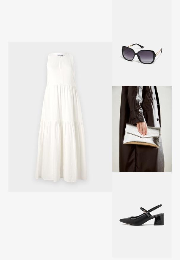 Balta be rankovių maksi suknelė su sluoksniuota konstrukcija, su iškirpte prie kaklo ir lengvu, plazdančiu audiniu.; Juodi patentinio odos slingback aukštakulniai su smailiu pirštu, apvaliu išpjovimu ir blokiniu kulnu. Papuošti auksiniu juostos akcentu.; Juodos didelės saulės akinių su pereinamais objektyvais, storomis rėmeliais ir auksinės spalvos grandinėmis ant šventyklų.; Sidabrinis metalinis rankinukas su kampuota vokų forma, sklandžiu paviršiumi ir kontrastinga vidine spalva, laikomas rankoje, apsirengusioje juoda striuke.