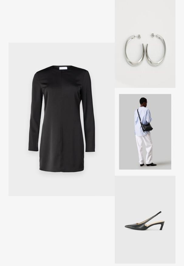 Must mustrüüta must kleit, mis on valmistatud siledast kangast, ümmarguse kaeluse ja sirge siluetiga. Minimalistlik disain, ilma nähtavate mustriteta.; Must mustaga, terav varvas, madala kontsaga sildiga king, mis on valmistatud siledast nahast ja mille küljel on lõike disain hingavuse tagamiseks.; Must have mustras alasi nahkpatsi, pehme tekstuuriga, kolmnurkse kujuga ja reguleeritava rihmaga, koos helesinise triibulise särgi ja valgete pükstega.; Hõbe rõngas kõrvarõngad, millel on sujuv ja kõver kuju. Omab läikivat metallist viimistlust ja nupuga sulgemist. Pole nähtavaid mustreid ega aksessuaare.