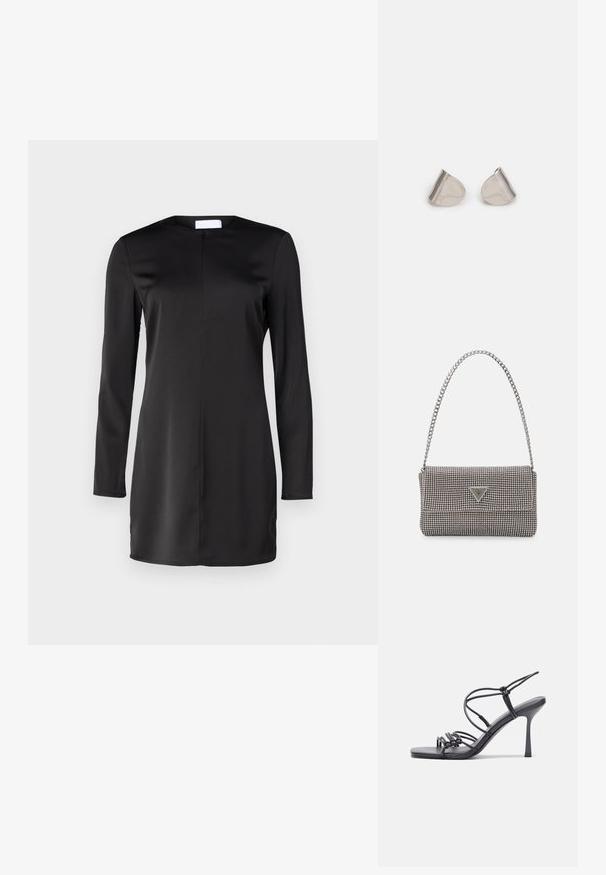 Czarna sukienka z długim rękawem, wykonana z gładkiego materiału, z okrągłym dekoltem i prostym krojem. Minimalistyczny design bez widocznych wzorów.; Czarne sandały na wysokim obcasie mają cienkie paski z węzłowym wzorem, gładki, kwadratowy czubek i smukły obcas w stylu szpilki.; Jasnoszara metaliczna torebka na łańcuszku, ozdobiona małymi okrągłymi metalowymi ćwiekami oraz trójkątnym logo marki.; Srebrne metalowe kolczyki o gładkim, kroplowym kształcie i wypolerowanym wykończeniu. Delikatne grawerunki dodają szczegółów. Minimalistyczny design.