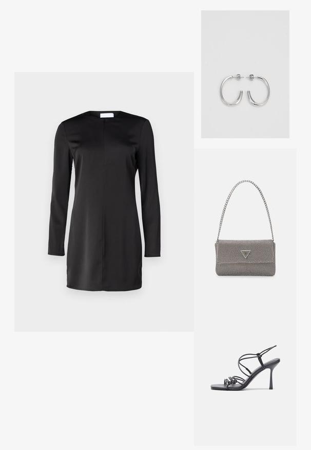 Must mustrüüta must kleit, mis on valmistatud siledast kangast, ümmarguse kaeluse ja sirge siluetiga. Minimalistlik disain, ilma nähtavate mustriteta.; Mustad musta värvi kontsandaalid on varustatud peente rihmadega, millel on sõlmekujundus, siledad ruudukujulised varbad ja stiilne stilettokonts.; Helehall metallik handbags, millel on kett, kaunistatud väikeste ümmarguste metallist õmblustega ja kolmnurkse brändi logoga.; Hõbedased rõngaskõrvarõngad, millel on sile ja läikiv pind. Ümar kuju, kerge disain, millel on post-tagumise kinnituse süsteem.