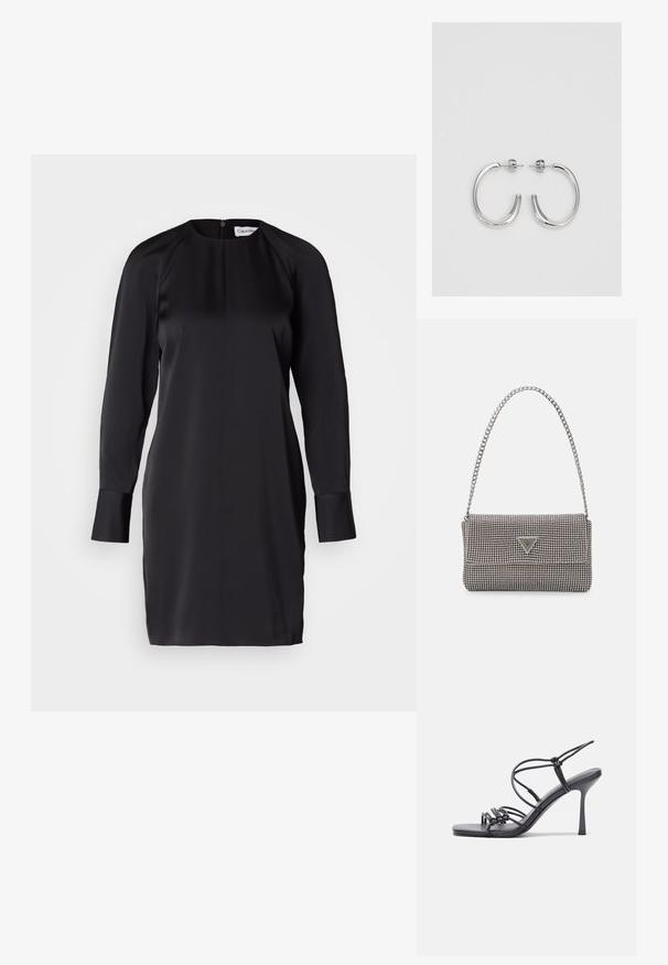 Satiinmustjast kleidist, millel on pikad varrukad ja ümar kaelus. Omab selja lukku, struktureeritud siluetti ja nööpidega mansette.; Mustad musta värvi kontsandaalid on varustatud peente rihmadega, millel on sõlmekujundus, siledad ruudukujulised varbad ja stiilne stilettokonts.; Helehall metallik handbags, millel on kett, kaunistatud väikeste ümmarguste metallist õmblustega ja kolmnurkse brändi logoga.; Hõbedased rõngaskõrvarõngad, millel on sile ja läikiv pind. Ümar kuju, kerge disain, millel on post-tagumise kinnituse süsteem.