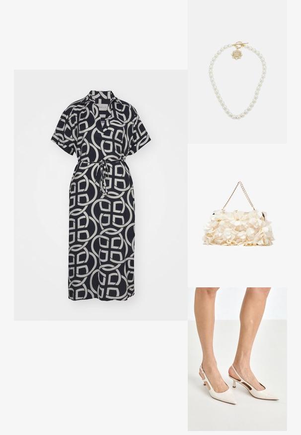 GANT MONOGRAM CAFTAN - Vardagsklänning - evening blue; Beige lackläder slingbackklackar med spetsig tå och 5 cm klack, med utskurna sidor och ett tunt ankelband.; Vit blommig handväska med en rynkad tygöverflata, guldfärgad kedjeslips och metallspänne. Har strukturerade blad för extra detalj.; Lauren Ralph Lauren COLLAR - Halsband - gold-coloured/white