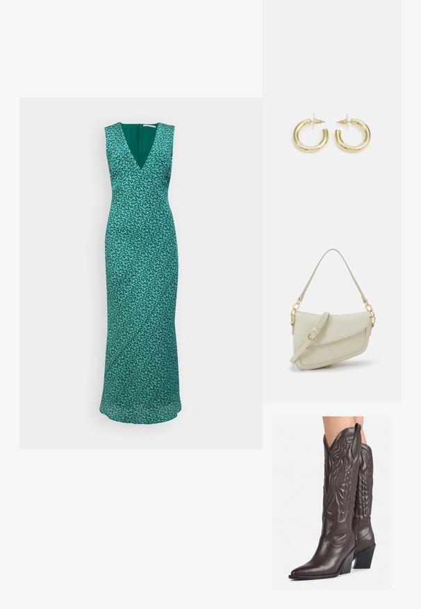 Rochie verde fără mâneci, cu decolteu în V, tipar floral, corp ajustat și fustă fluidă. Închidere cu fermoar la spate, cu o textură netedă.; Bocanci de cowboy din piele maro, cu vârf ascuțit și toc pătrat, având cusături detaliate și accente ridicate pe tijă.; Geantă mică de crem cu un finisaj texturat, curea lungă și ajustabilă, accent cu lanț și închidere cu clapetă. Detalii din hardware aurie.; Cercei cercuri din aur cu un finisaj neted și strălucitor. Design circular cu un mic suport și un spate transparent pentru o purtare sigură.