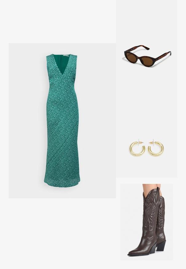 Green sleeveless dress featuring a V-neck, floral pattern, fitted bodice, and a flowing skirt. Back zipper closure with a smooth texture.; Brown leather cowboy boots with pointed toe and block heel, featuring detailed stitching and raised accents on the shaft.; Brown tortoiseshell sunglasses with a vintage cat-eye shape and brown lenses. Features curved arms with red accents.; Gold hoop earrings with a smooth, shiny finish. Circular design featuring a small post and clear backing for secure wear.