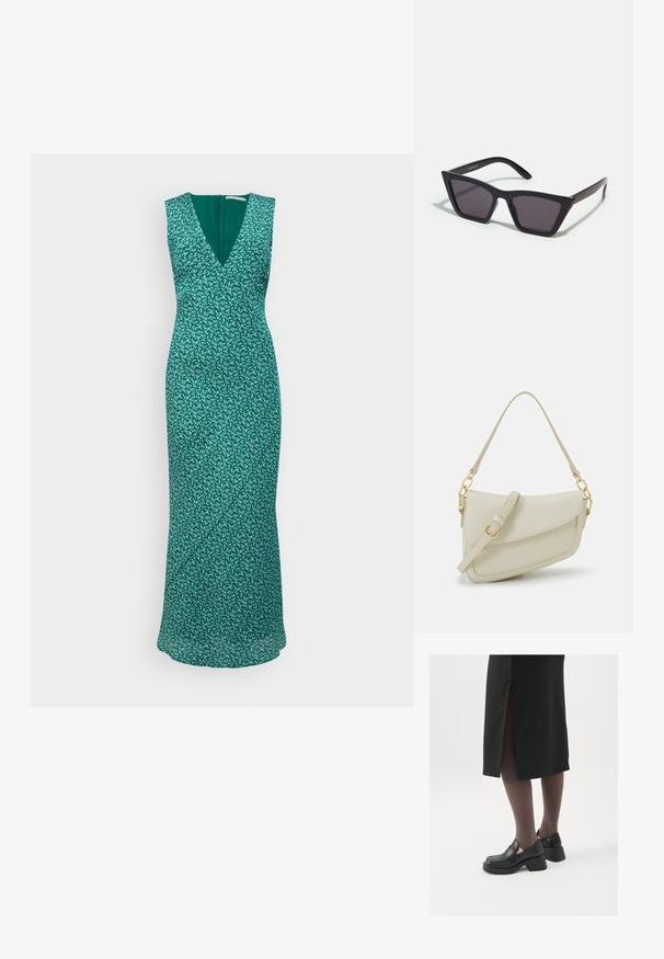Robe sans manches verte avec décolleté en V, motif floral, corsage ajusté et jupe fluide. Fermeture éclair dans le dos avec une texture lisse.; Chaussures noires en cuir avec un bout arrondi, un épais talon bloc et des accents latéraux élastiques, associées à des bas foncés et une jupe noire avec une fente.; Lunettes noires angulaires avec des verres gris ; fabriquées en plastique, avec des branches épaisses à la surface lisse et sans matériel visible.; Petit sac à main crème avec une finition texturée, une longue sangle réglable, un accent en chaîne et une fermeture à rabat. Détails en matériel doré.; Boucles d'oreilles en argent au design minimaliste. Forme circulaire, texture lisse et profil fin. Légères avec une finition polie.