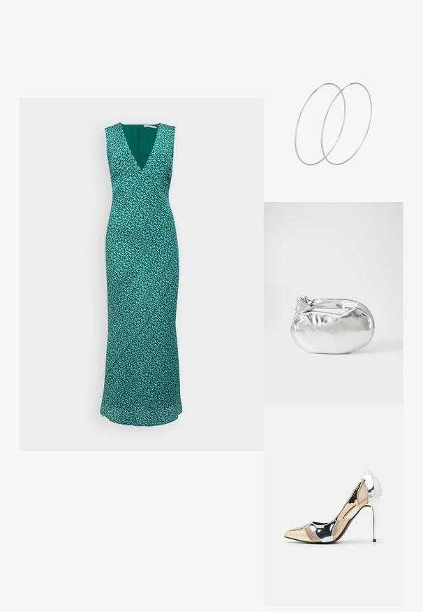 Zelena haljina bez rukava s V-izrezom, cvjetnim uzorkom, prilagođenim korzetom i lepršavom suknjom. Zatvaranje na leđima s glatkom teksturom.; Cipele s visokom potpeticom i špicastim vrhom u srebrnoj, zlatnoj i nude boji. Sjajan finiš s izrezbarenim dizajnom, s potpeticom u obliku stiletto.; Srebrna metalik torbica s mekim, zaobljenim oblikom i čvorastim zatvaranjem na vrhu. Izrađena od glatke sintetičke kože.; Srebrne okrugle naušnice s minimalističkim dizajnom. Kružni oblik, glatka tekstura i tanak profil. Lagane s poliranim završetkom.