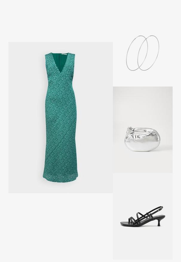 Grünes ärmelloses Kleid mit V-Ausschnitt, floralem Muster, tailliertem Oberteil und fließendem Rock. Reißverschluss hinten mit glatter Textur.; Schwarze High Heels Sandalen mit mehreren überkreuzten Riemen. Glattes Material, spitze Zehenpartie und schmaler Absatz. Verstellbarer Knöchelriemen mit Schnalle.; Silberne metallic Pouch-Tasche mit einer sanften, abgerundeten Form und einem geknoteten Verschluss oben. Hergestellt aus glattem Kunstleder.; Silberne Creolen mit minimalistischem Design. Rundform, glatte Oberfläche und dünnes Profil. Leichtgewichtig mit hochglänzender Oberfläche.