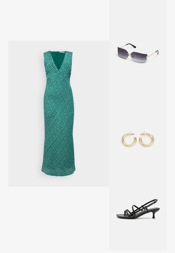 Rochie verde fără mâneci, cu decolteu în V, tipar floral, corp ajustat și fustă fluidă. Închidere cu fermoar la spate, cu o textură netedă.; Sandale negre cu toc, cu mai multe curele încrucișate. Material neted, vârf ascuțit și toc subțire. Curea ajustabilă la gleznă cu cataramă.; Ochelari de soare cu lentile gri cu gradient, cadru din metal auriu și accente din plastic negru. Lentile unice în formă de fluture cu brațe subțiri.; Cercei cercuri din aur cu un finisaj neted și strălucitor. Design circular cu un mic suport și un spate transparent pentru o purtare sigură.