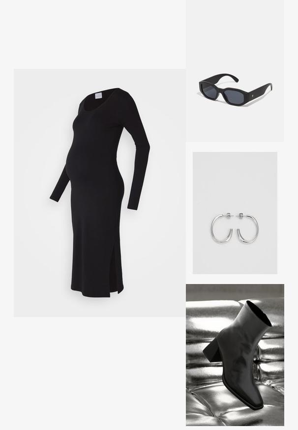 Črna dolga obleka za nosečnice z dolgimi rokavi, oprijet kroj, okrogel izrez, stranski razporki za udobje, izdelana iz mehkega, raztegljivega materiala.; Črne gležnjarje iz sijočega materiala s kvadratnim prstom in zoženim peto, postavljene na sijoče srebrno oblazinjeno ozadje.; Črne sončne očala s pravokotnimi okvirji, mat površino, temnimi lečami in rahlo ukrivljenimi ročaji. Diskretna logotipna oznaka na enem ročaju.; Srebrne obročaste uhane z gladko, sijočo površino. Zaobljena oblika, lahka zasnova, z zapiranjem na zatič.