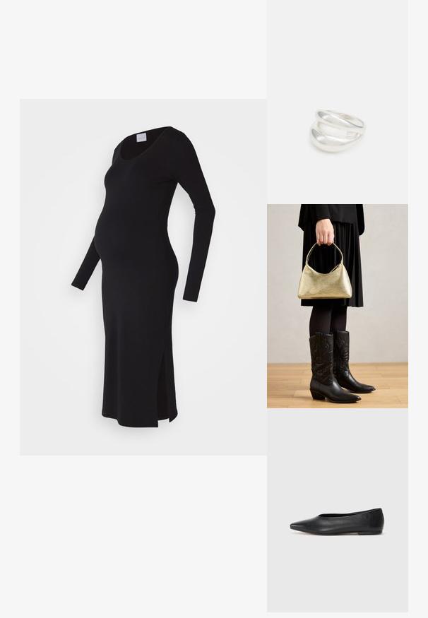 Juoda ilgašnėmė nėščiųjų suknelė, prilipusi forma, apvalus iškirpimas, šoninės skeltos patogumui, pagaminta iš minkštos, tamprios medžiagos.; Juodas odinis baleto batas, su smailiu pirštu, minimalistinio dizaino, lygiu paviršiumi, žemo profilio kulnu, be matomos aparatūros ar papuošimų.; Auksinė tekstūruota rankinė su kreiva forma ir trumpu rankenėle, laikoma žmogaus, apsirengusio juoda plisuota sijonu ir juodais odiniais cowboy batais.; Sidabrinis dvigubas žiedas su lygiu, poliruotu paviršiumi. Pasižymi sklandžiu, kreiptu dizainu su persipinančiomis dalimis, suteikiančiomis modernų išvaizdą.