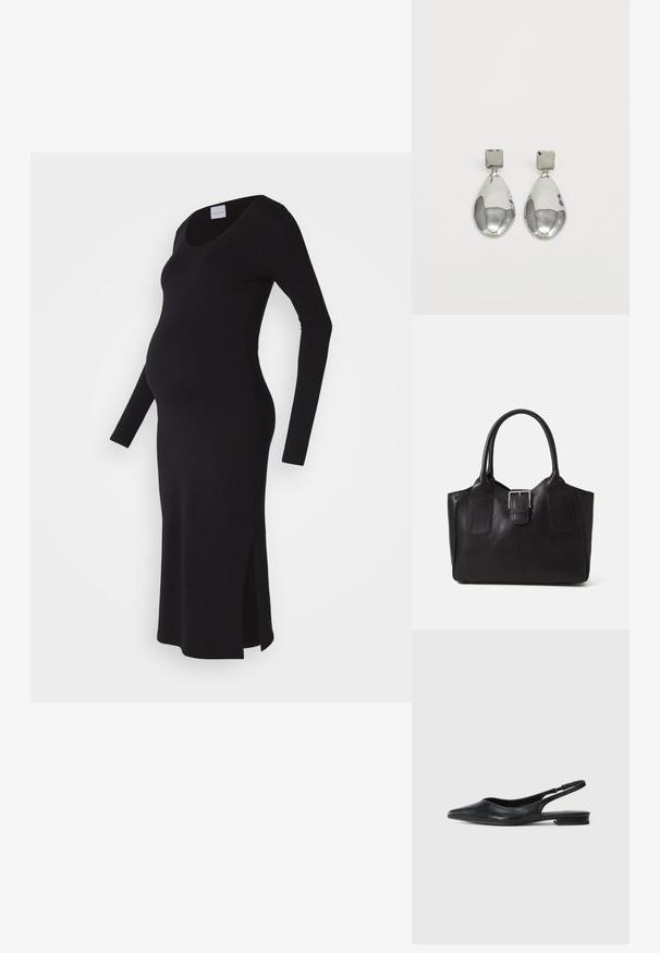 Črna dolga obleka za nosečnice z dolgimi rokavi, oprijet kroj, okrogel izrez, stranski razporki za udobje, izdelana iz mehkega, raztegljivega materiala.; Črne nizke pete z zadaj odprtim delom in izostrenim nosom, tanke elastične trakove, minimalistična zasnova na enobarvni beli podlagi.; Črna usnjena torba s gladko teksturo, strukturirano obliko, dvema ročkama in izrazitim srebrnim sponko na sprednji strani.; Srebrni uhani z kvadratnim studom, ki imajo gladko, polirano površino in obliko kapljice, ki odbija svetlobo z sijočo površino.