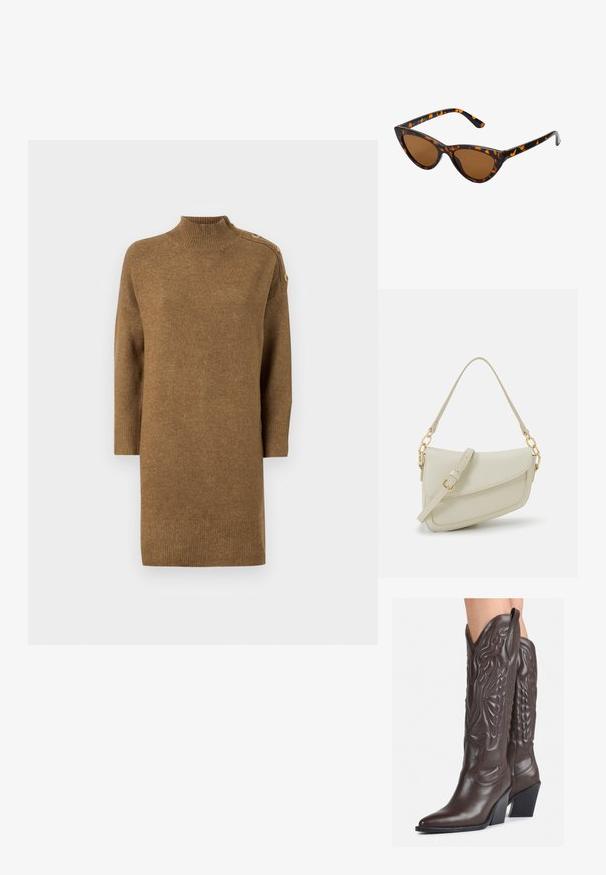 Barna garbó pulóver háromnegyedes ujjakkal, vállán gombdíszekkel, bordázott szegéllyel és mandzsettával. Puha tapintás.; Barna bőr cowboy csizmák hegyes orral és blokk sarkal, részletes varrással és kiemelkedő díszítésekkel a szárán.; Cica szemüveg fekete és narancssárga teknőc pánttal, barna lencsékkel és sima, hegyes végekkel. A templomán egy minimalista logó található.; Kis krémszínű táska texturált felülettel, hosszú, állítható pánttal, láncos díszítéssel és fedéllel záródik. Aranyszínű fém részletek.
