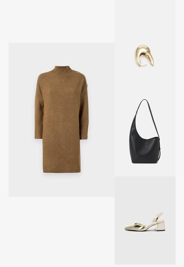 Brun turtleneck genser med trekvart ermer, med knappdetaljer på skulderen og ribbede hem og mansjetter. Myk tekstur.; Gull, metallisk slingback-hæler med spiss tå og chunky hæl. Glatt tekstur, minimalistisk design og en smal stropp.; Svart lær hobo-veske med glatt tekstur, buet form og enkelt justerbart stropp; har en bred åpning på toppen.; Gullfarget metalløredobber med et elegant, buet design. Har en karakteristisk spiss form, polert overflate og hengsel-lukking.