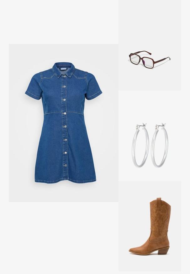 Mėlynas džinsinis suknelė su trumpomis rankovėmis, mygtukų užsegimu priekyje ir pritaikytu siluetu. Pasižymi kontrastinga siuvinėjimo linija ir apykaklės iškirpte.; Ruda odinė kantri batai su smailiu būtų pirštu, siuvinėtais spiralės raštais ant viršaus ir su kamščiu blokuotu kulnu. Yra tamprių užtraukių, kad būtų lengviau užsidėti.; Rudos, stačiakampiai akinių rėmeliai su skaidriais lęšiais ir violetiniais atspalviais. Lygus plastikinis rėmas su tiesiomis šventyklomis ir subtiliais akcentais.; Sidabriniai auskarai su sklandžiu, poliruotu paviršiumi. Apvalios formos ir saugus uždarymo mechanizmas. Lengvas dizainas, tinkantis kasdieniam dėvėjimui.