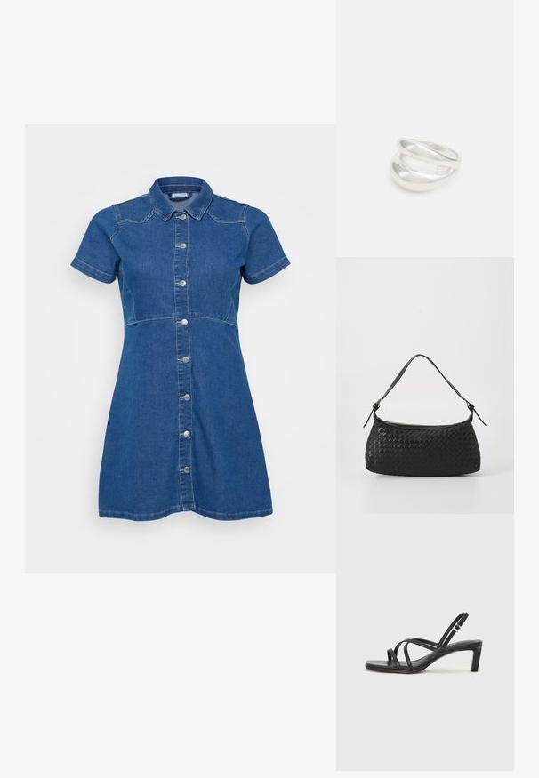 Mėlynas džinsinis suknelė su trumpomis rankovėmis, mygtukų užsegimu priekyje ir pritaikytu siluetu. Pasižymi kontrastinga siuvinėjimo linija ir apykaklės iškirpte.; Juodi šlepetės su kvadratiniu pirštu ir žemu bloku kulnu. Yra keli ploni dirželiai ir reguliuojamas kulkšnies diržas. Pagaminti iš lygios odos.; Juodas nėriniuotas peties krepšys su lygaus odos dirželiu ir užtrauktuku. Yra tekstūruotas paviršius ir išgaubta forma.; Sidabrinis dvigubas žiedas su lygiu, poliruotu paviršiumi. Pasižymi sklandžiu, kreiptu dizainu su persipinančiomis dalimis, suteikiančiomis modernų išvaizdą.