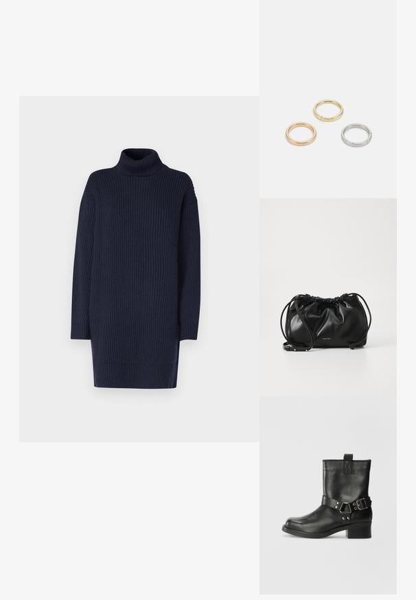 Rochie tricotată cu guler înalt de culoare bleumarin, cu mâneci lungi și crăpături laterale. Textură moale și design lejer pentru confort.; Samsøe Samsøe SABRENTA  - Botine cowboy/biker - black; Geantă de mână din piele neagră cu un design pliat, închidere cu dublu snur și curea de umăr detașabilă. Prezintă un detaliu cu logo metallic.; Trei inele din metal: unul roz aurie, unul auriu cu accente texturate și unul argintiu, toate cu branding gravat pe banda interioară.