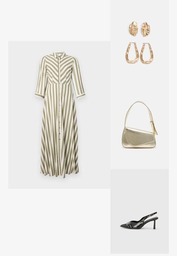Pruhované šaty s olivovo zelenými a bielymi vertikálnymi pruhmi, zapínanie na gombíky, golier a rukávy do troch štvrtín. Tečúci dizajn a dĺžka po kolená.; Čierne lakované kožené slingback topánky s špicatou špičkou, remienkami okolo členku s striebornými prackami a hardvérom, a štíhlým podpätkom.; Zlatá metalická kabelka so štruktúrovaným dizajnom, hladkou textúrou a nastaviteľným popruhom. Obsahuje jedinečný trojuholníkový tvar a minimalistické šitie.; Náušnice v zlatej farbe s textúrovanými, vlnitými tvarmi. Obsahujú sochárske klipsové náušnice a otvorený tvar krúžku s kladivkovým povrchom.