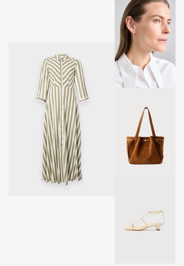 Dryžuota suknelė su alyvuogių žaliais ir baltais vertikaliais dryžiais, mygtukų uždarymu, apykakle ir trijų ketvirčių rankovėmis. Srauni konstrukcija ir kelio ilgis.; Bežiniai aukšti sandalai su T formos dirželiu, kvadratiniu pirštu, reguliuojamu kulkšnies dirželiu ir žemu bloku koto aukščiu. Lygus odos paviršius.; Rudas suedes rankinė su dviem rankenomis, mygtuko uždarymo dirželiu ir atsipalaidavusia, šiek tiek nulinkusia forma.; Auksiniai auskarai su maža dekoratyvine brangakmenio akcentu. Nešiojami ant modelio su tiesiais plaukais, derinami su balta marškinių apykakle.