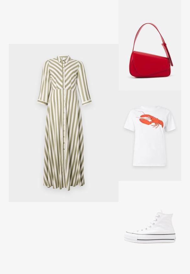 Randig klänning med olivgröna och vita vertikala ränder, knappstängning, krage och trekvartsärmar. Flödig design och knälång.; Vit bomull t-shirt med en stor, lysande röd hummergrafik på framsidan. Kortsleeves och standard rundad halsdesign.; Vit hög topp canvas sneaker med svart gummisulan, framsidan gummitåhätta och sex öglor för snören, med en ren, minimalistisk design.; Röd läderhandväska med en vinkelrät, geometrisk design. Har ett justerbart axelband och en klaffstängning med sydda detaljer.