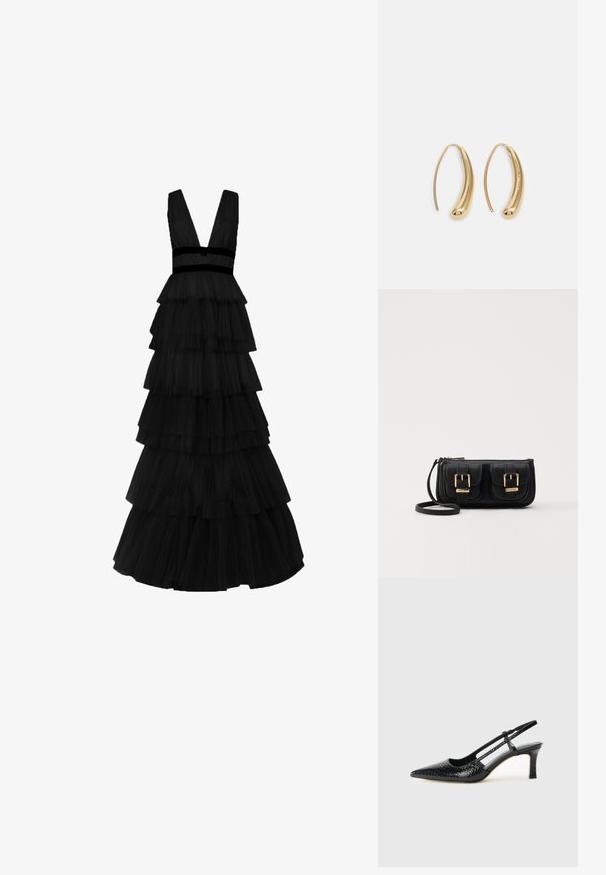 True Decadence Vestito lungo - black; Slingback con tacco in vernice nera con punta affusolata, caratterizzato da una stampa a serpente testurizzata, cinturino regolabile e un tacco corto e testurizzato.; Borsa a tracolla nera in pelle con due tasche frontali, fibbie dorate, chiusura con zip e una tracolla sottile. Superficie texturizzata e forma rettangolare compatta.; Orecchini a cerchio in metallo color oro con forma curva ed allungata. Presentano una superficie liscia e lucida e una punta arrotondata per un tocco di dettaglio in più.