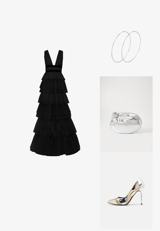 True Decadence Maxi-jurk - black; Puntige hoge hak schoenen met een zilver, goud en nude kleurenschema. Glanzende afwerking met uitsnijdingen en een stiletto hak.; Zilveren metalen pouch bag met een zachte, afgeronde vorm en een geknoopte sluiting aan de bovenkant. Gemaakt van soepel faux leren materiaal.; Zilveren hoepel oorbellen met een minimalistisch ontwerp. Cirkelvormig, gladde textuur en dun profiel. Lichtgewicht met een gepolijste afwerking.