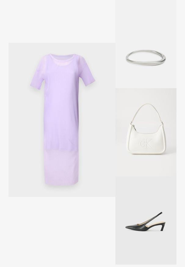 Lila rebrasta midi obleka s kratkimi rokavi, okroglim izrezom in gladko teksturo. Dolžina sega tik nad gležnje.; Črne čevlje s koničastimi nosovi in slingback obliko z nizko peto, izdelane iz gladke usnjene materiale ter s črtasto zasnovo na strani za prezračevanje.; Bela usnjena torbica s ukrivljeno obliko, ki na sprednji strani nosi vžgano logo "CK" in ima eno naramnico. Zadrga za zapiranje na vrhu.; Srebrova kovinska narukvica z gladkim, zaobljenim dizajnom. Ima ozek profil in subtilno vgravirano znamko "Calvin Klein" znotraj.