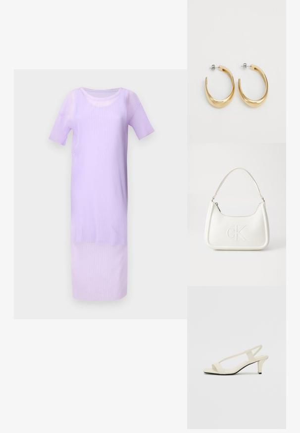 Lilas juostos midi suknelė su trumpomis rankovėmis, apvaliu iškirpimu ir lygiu tekstūru. Ilgis siekia šiek tiek virš čiurnų.; Kreminės blokų kulno šlepetės su plonomis dirželiais ir kvadratiniu pirštu. Lygus medžiaga su minimaliais akcentais, sukurtos lengvam dėvėjimui.; Balta odinė rankinė su išlenkta forma, su reljefiniu "CK" logotipu priekyje ir viena petneša. Užtrauktuko uždarymas viršuje.; Auksinės spalvos apyrankės auskarai su glotnia, kreiva forma. Pagaminti iš metalo, turintys elegantišką apdailą ir užsegimą su smeigėle.