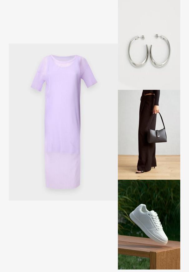 Vestido midi lilás com detalhe em pregas, mangas curtas, decote redondo e uma textura suave. O comprimento chega logo acima dos tornozelos.; Sapatilha branca com um cabedal sintético liso, caixa dos dedos perfurada, atacadores planos e uma sola texturizada, exposta sobre uma superfície de madeira.; Bolsa preta com forma estruturada, textura suave e um fecho metálico. Combinada com calças largas pretas e sandálias de salto aberto sobre um chão de madeira.; Pendentes de argola prateados com um design liso e curvado. Apresentam um acabamento metálico brilhante e fecho de pressão. Sem padrões ou detalhes visíveis.