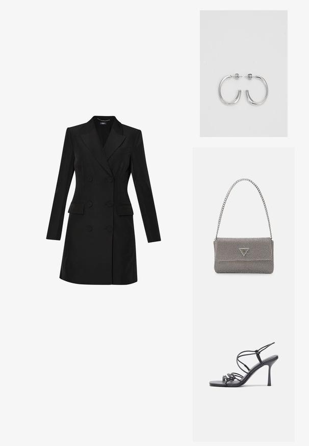 LIU JO STRETCH DOUBLE-BREASTED - Rochie tip cămașă - black; Sandale negre cu toc înalt au curele subțiri cu un design legat, un vârf pătrat neted și un toc stiletto elegant.; Geantă metalică gri deschis, cu un strap din lanț, decorată cu mici ținte circulare metalice și un logo de marcă triangular.; Cercei rotunzi din argint cu un finisaj neted și strălucitor. Design ușor, având o formă rotundă și închidere cu tijă.