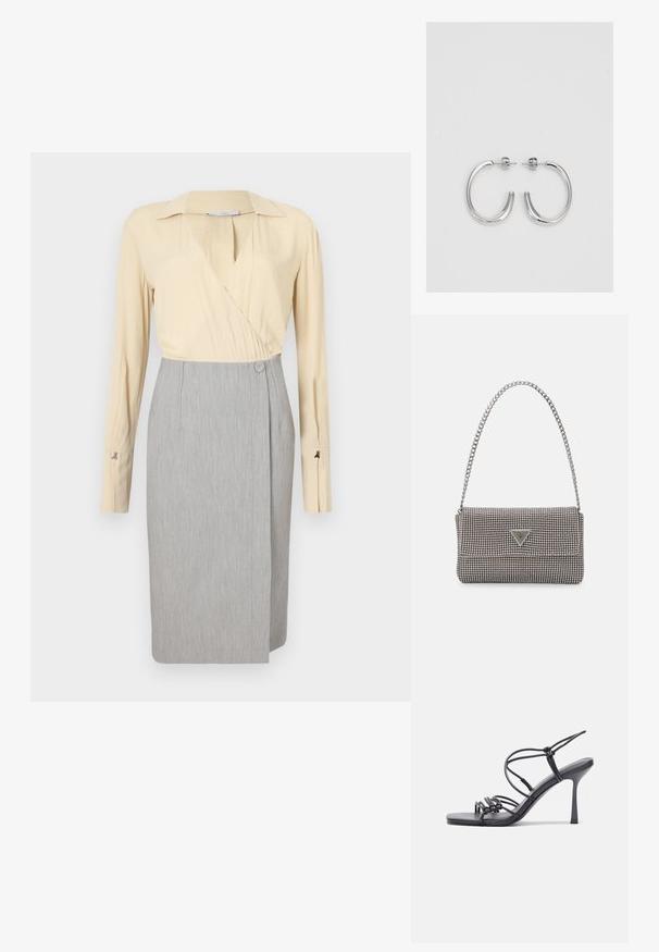 Μπεζ τοπ με περιτύλιγμα και μακριά μανίκια, σε συνδυασμό με γκρι μολυβένια φούστα, που διαθέτει λεπτομέρεια από κουμπί και απαλό υλικό. Κλασικός σχεδιασμός για λαιμό.; Μαύρες ψηλοτάκουνες σανδάλες με λεπτές λωρίδες και σχέδιο με κόμπους, λείο τετράγωνο μπροστινό μέρος και κομψό τακούνι στιλέτο.; Ανοικτό γκρι μεταλλική τσάντα χειρός με αλυσίδα, διακοσμημένη με μικρούς κυκλικούς μεταλλικούς στύλους και ένα τριγωνικό λογότυπο της μάρκας.; Ασημένια σκουλαρίκια κρίκοι με λεία, λαμπερή φινίρισμα. Στρογγυλό σχήμα, ελαφρύ σχέδιο, με κλείσιμο τύπου πίσω.