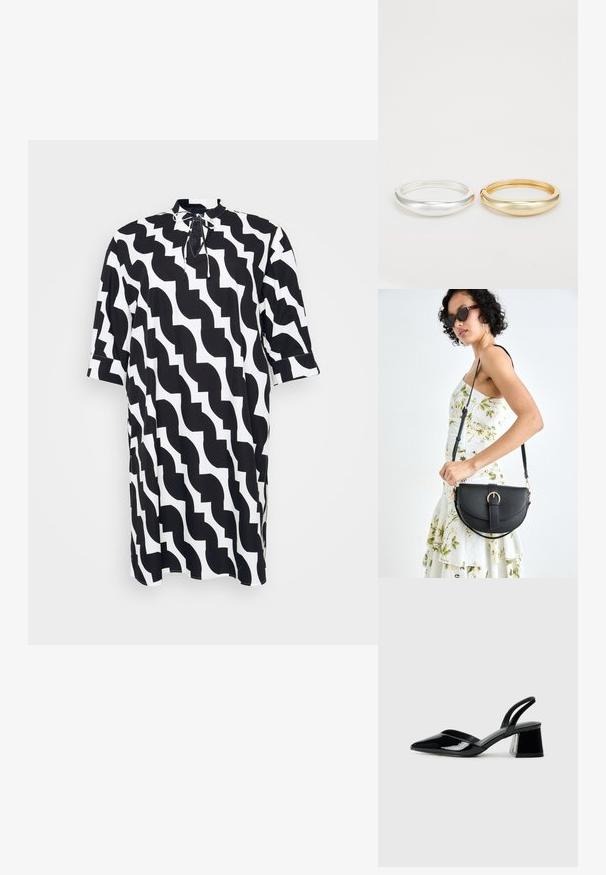 Svart-hvitt kjole med bølgete mønster, høy hals med knytedetalj og korte ermer. Laget av lett stoff.; Svarte patentlær slingback hæler med spiss tå og geometrisk blokk hæl. Har et stilrent, minimalistisk design og jevn tekstur.; Svart lærveske med en buet form, avtagbar stropp og gullbeslag. Vesken har et klaff med spenne-detall.; Zign 2 PACK - Armbånd - gold-coloured/silver-coloured